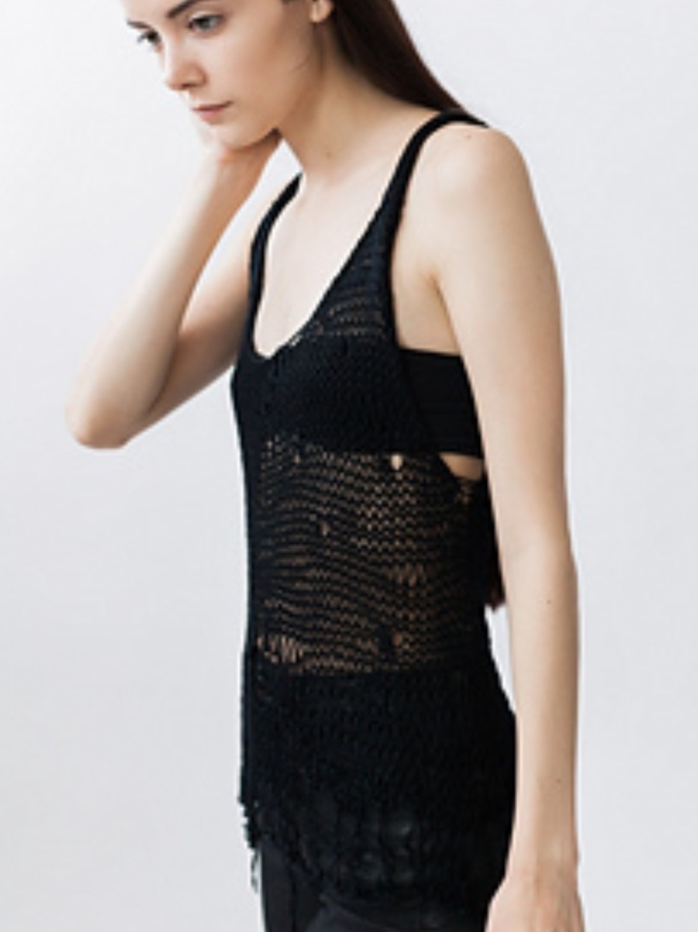 Frame Denim Black Crochet Tank Top Shirt Cover-Up Muscle Punk Rocker Distress XS